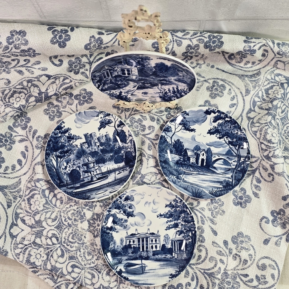 Country Heritage Blue & White Porcelain 6" Dessert Plates Set of 4 Cottage Farm - Picture 3 of 8